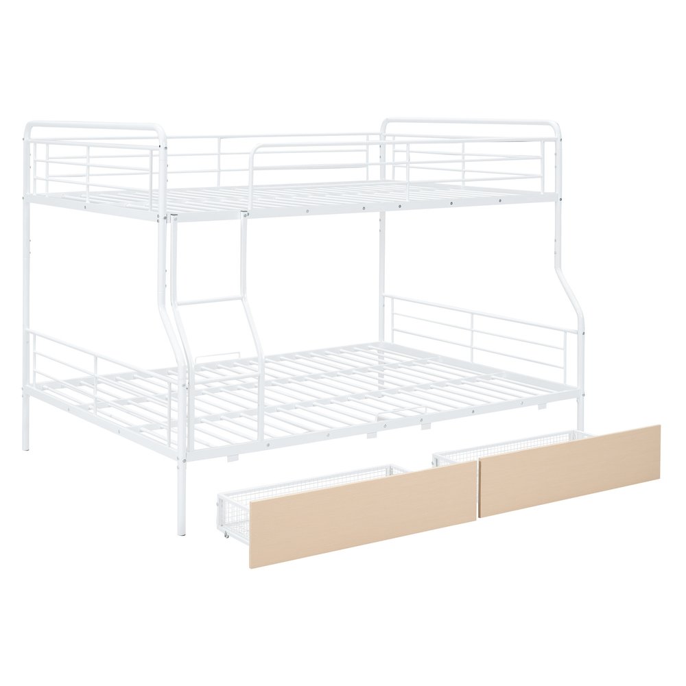 White Full Over Queen Contemporary Metal Bunk Bed With Drawers