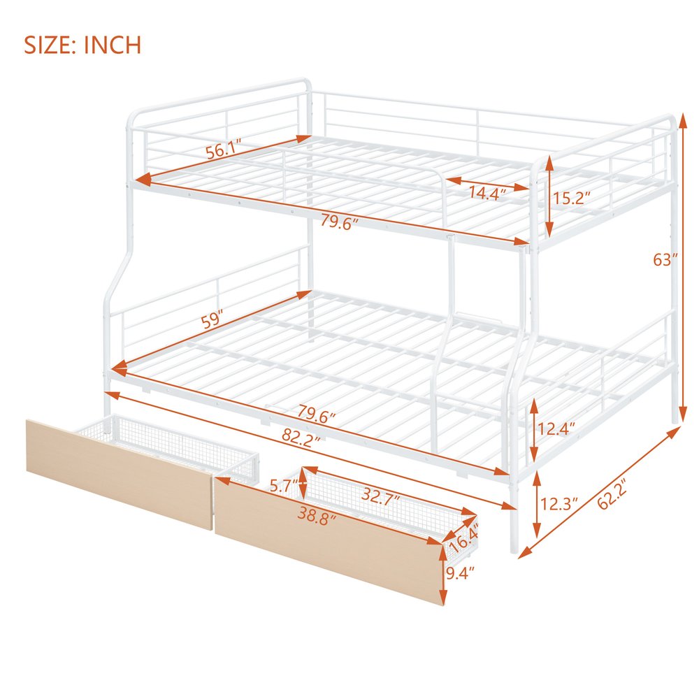 White Full Over Queen Contemporary Metal Bunk Bed With Drawers