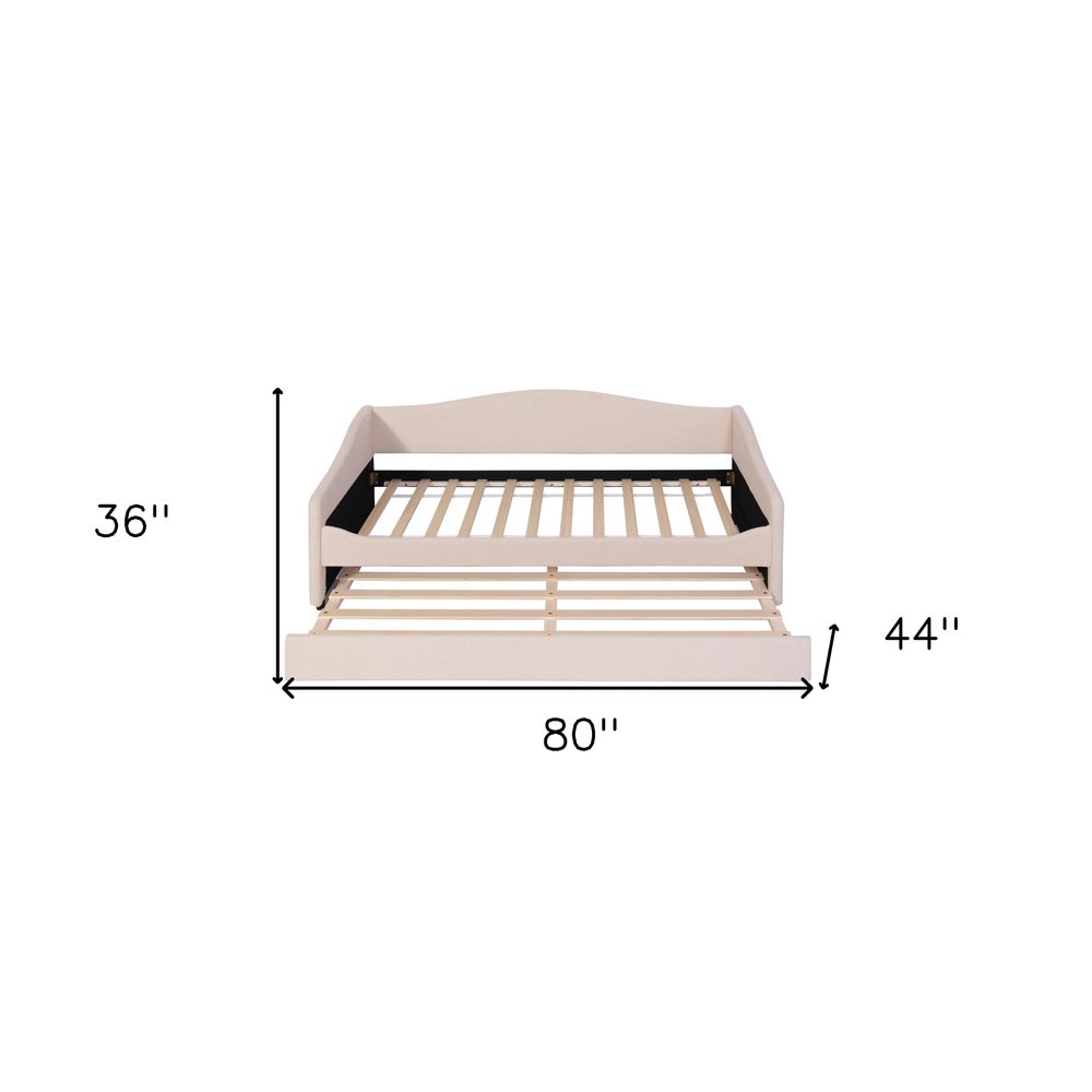 Beige Tufted Boucle Twin Day Bed With LED Lighting And Trundle And USB