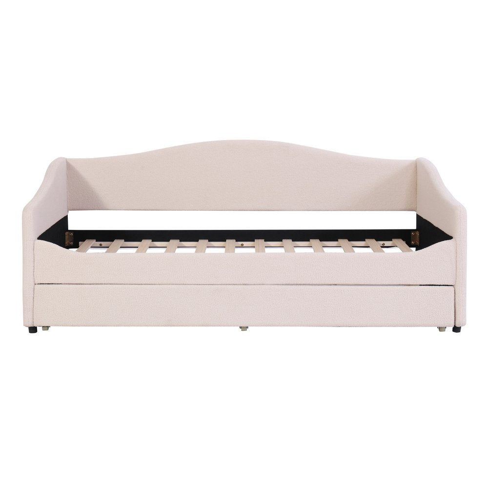 Beige Tufted Boucle Twin Day Bed With LED Lighting And Trundle And USB