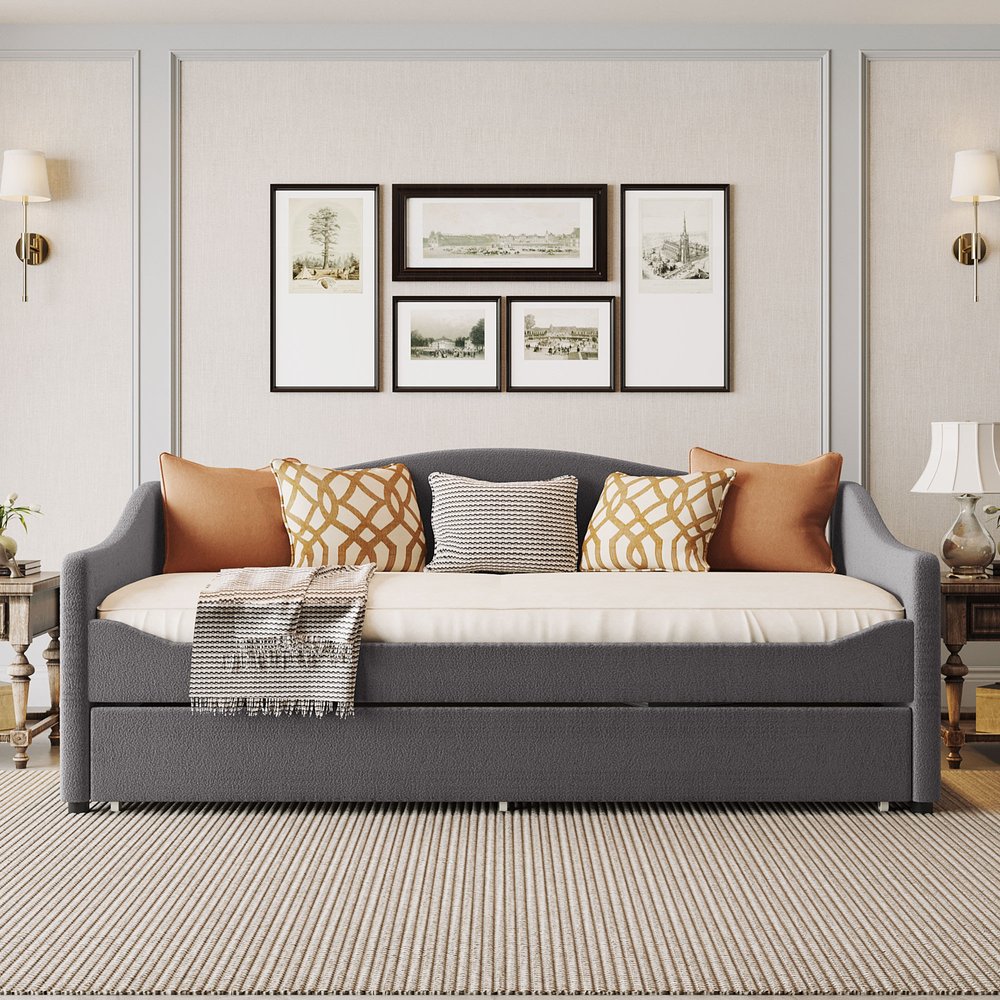 Gray Tufted Boucle Twin Day Bed With LED Lighting And Trundle And USB