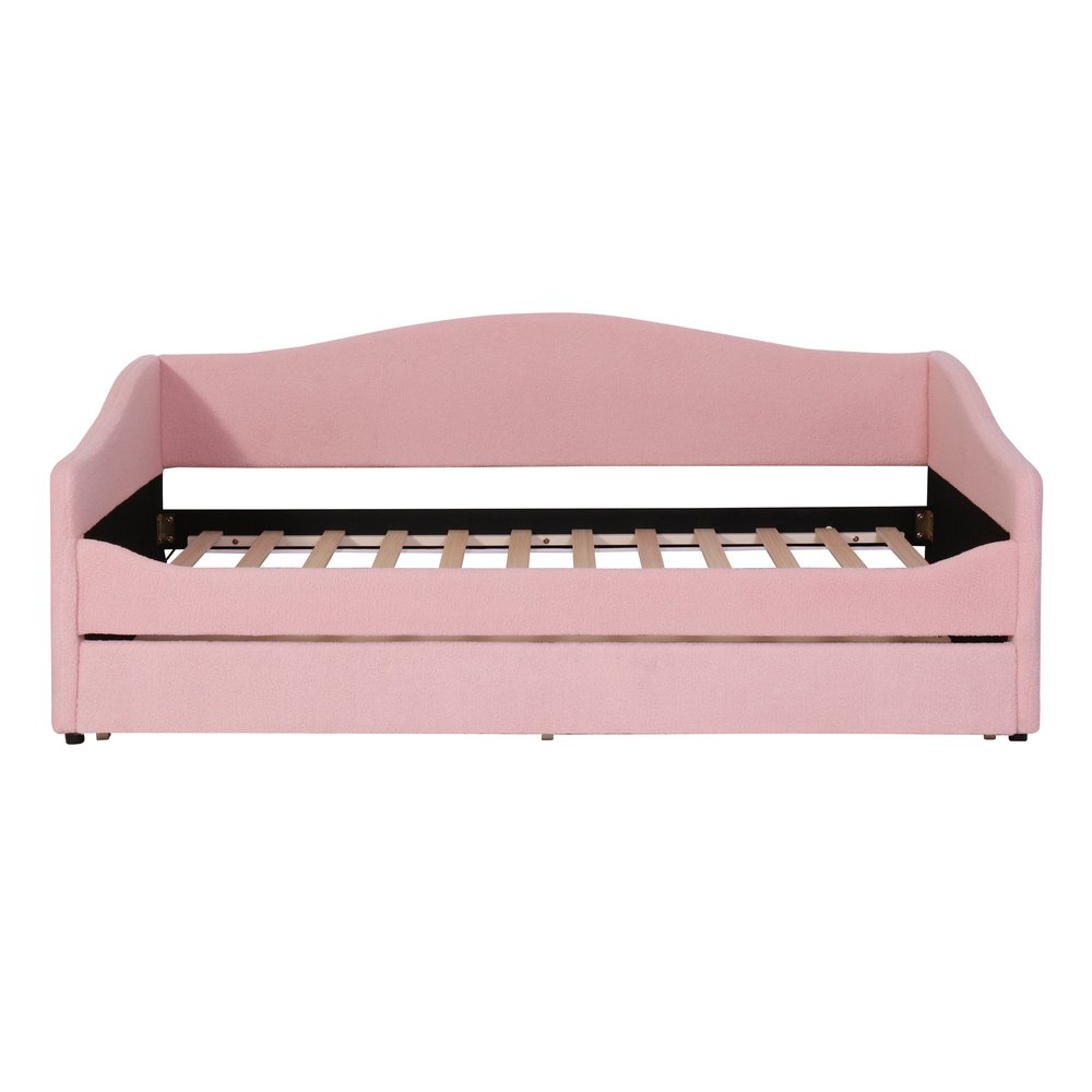 Pink Tufted Boucle Twin Day Bed With LED Lighting And Trundle And USB