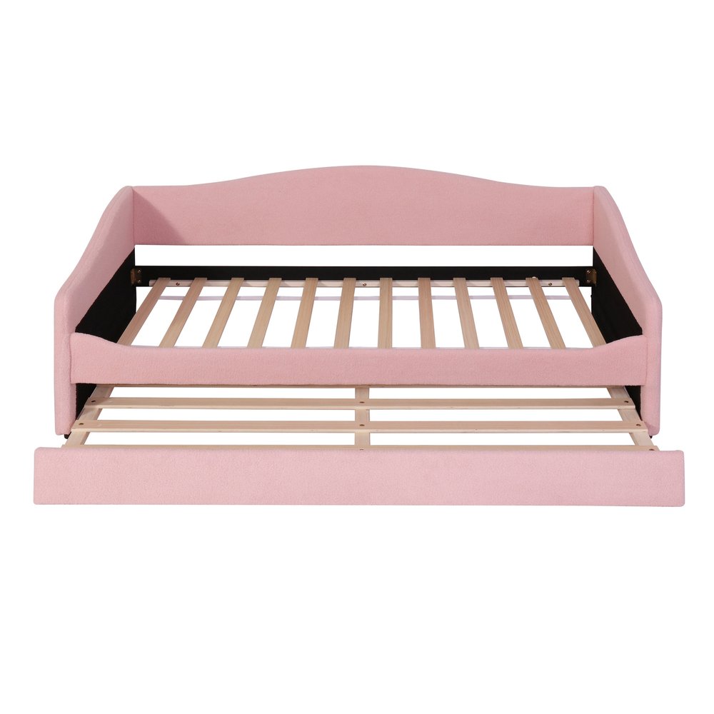 Pink Tufted Boucle Twin Day Bed With LED Lighting And Trundle And USB