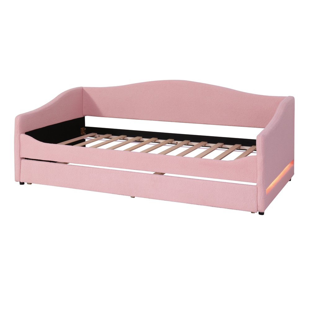 Pink Tufted Boucle Twin Day Bed With LED Lighting And Trundle And USB