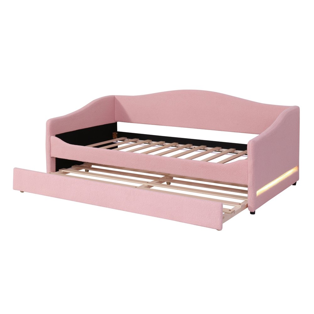 Pink Tufted Boucle Twin Day Bed With LED Lighting And Trundle And USB