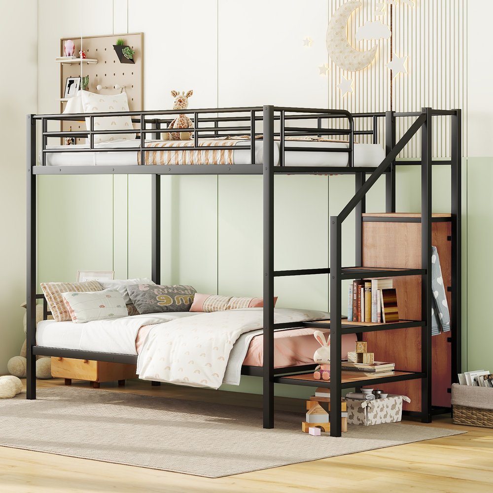 Black Twin Over Twin Metal Bunk Bed With Stairs And Storage