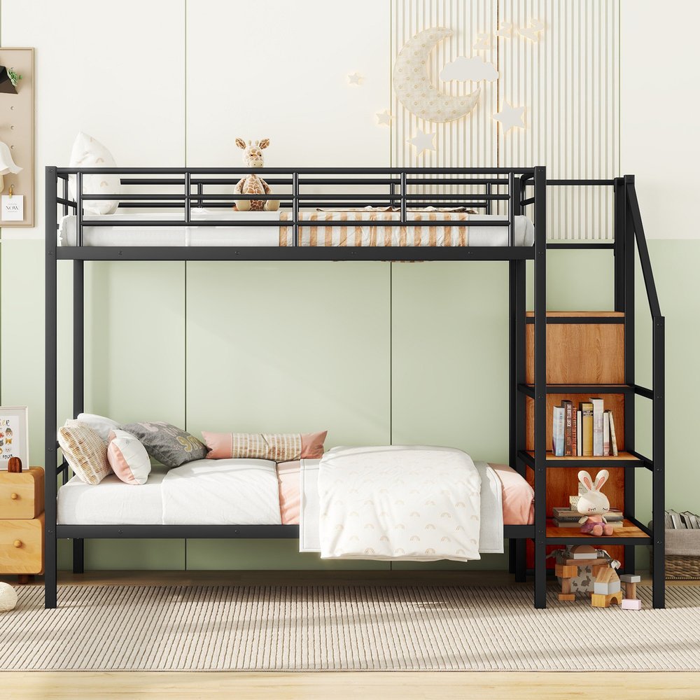 Black Twin Over Twin Metal Bunk Bed With Stairs And Storage