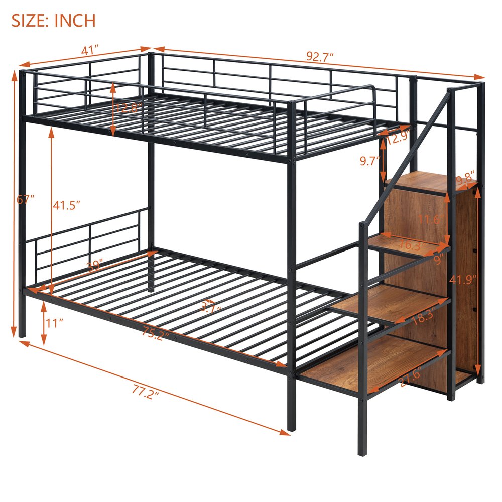 Black Twin Over Twin Metal Bunk Bed With Stairs And Storage