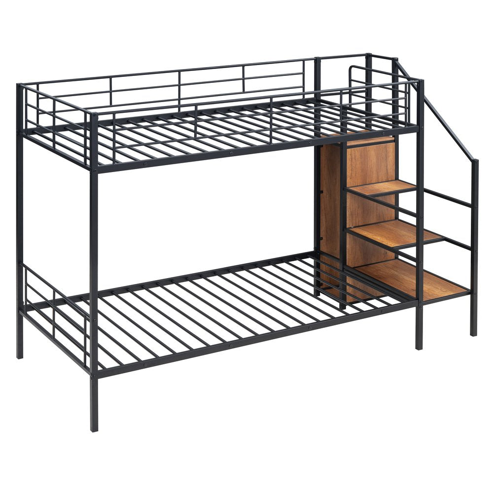 Black Twin Over Twin Metal Bunk Bed With Stairs And Storage