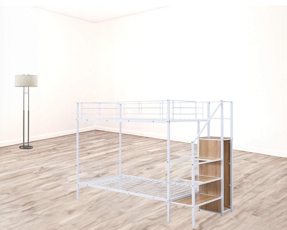 White Twin Over Twin Metal Bunk Bed With Stairs And Storage