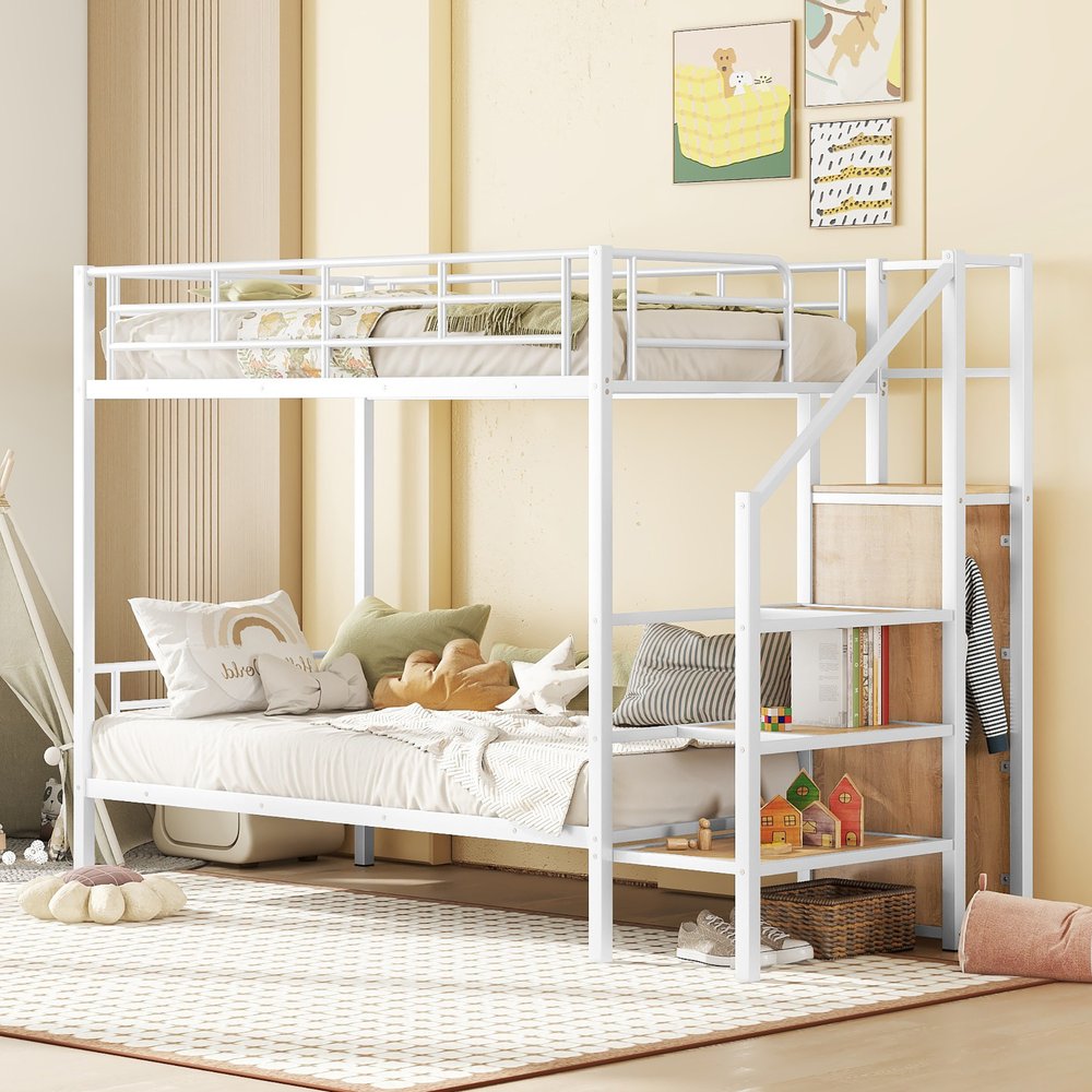 White Twin Over Twin Metal Bunk Bed With Stairs And Storage