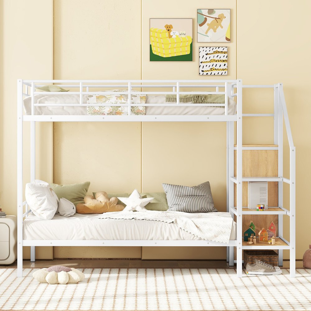 White Twin Over Twin Metal Bunk Bed With Stairs And Storage