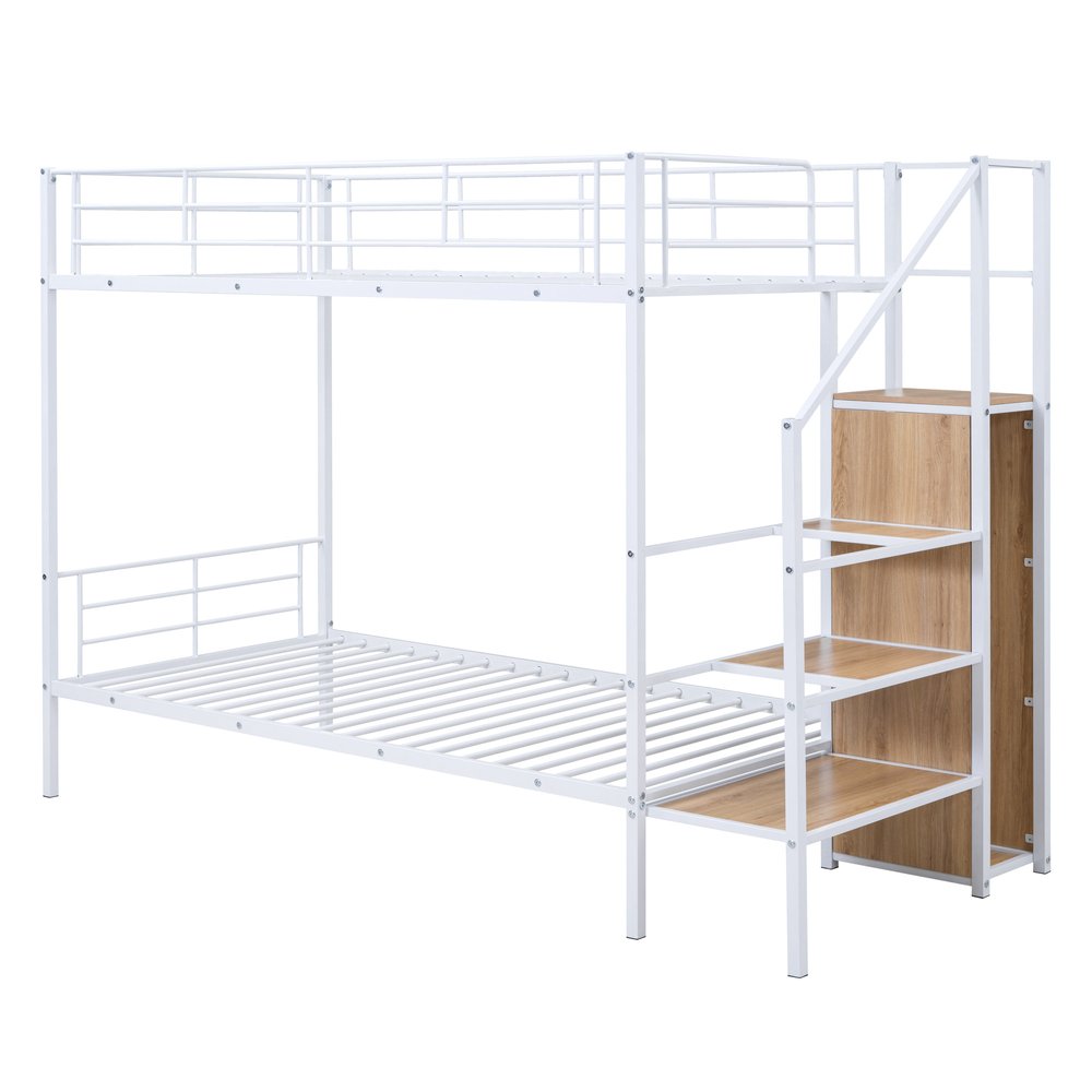 White Twin Over Twin Metal Bunk Bed With Stairs And Storage