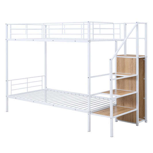 White Twin Over Twin Metal Bunk Bed With Stairs And Storage