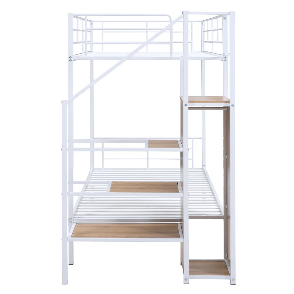 White Twin Over Twin Metal Bunk Bed With Stairs And Storage