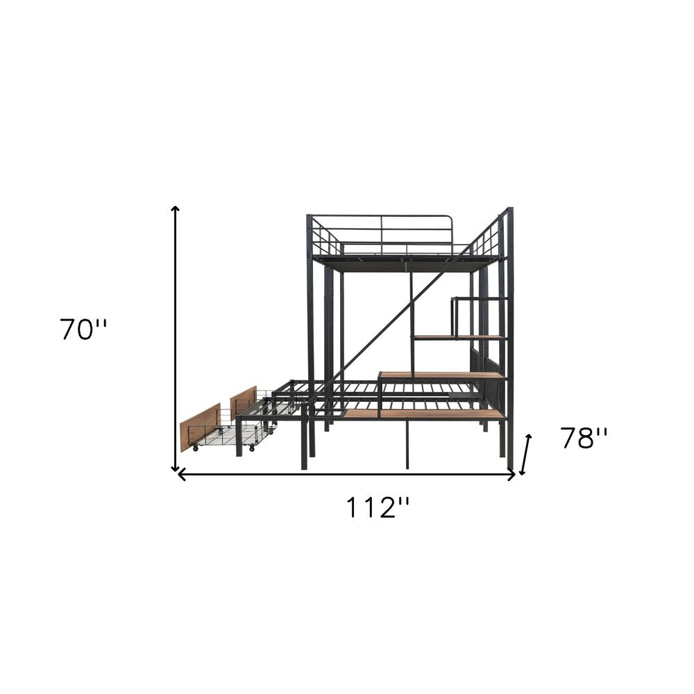 Black Full Over Two Twins Metal Bunk Bed With Stairs And Storage