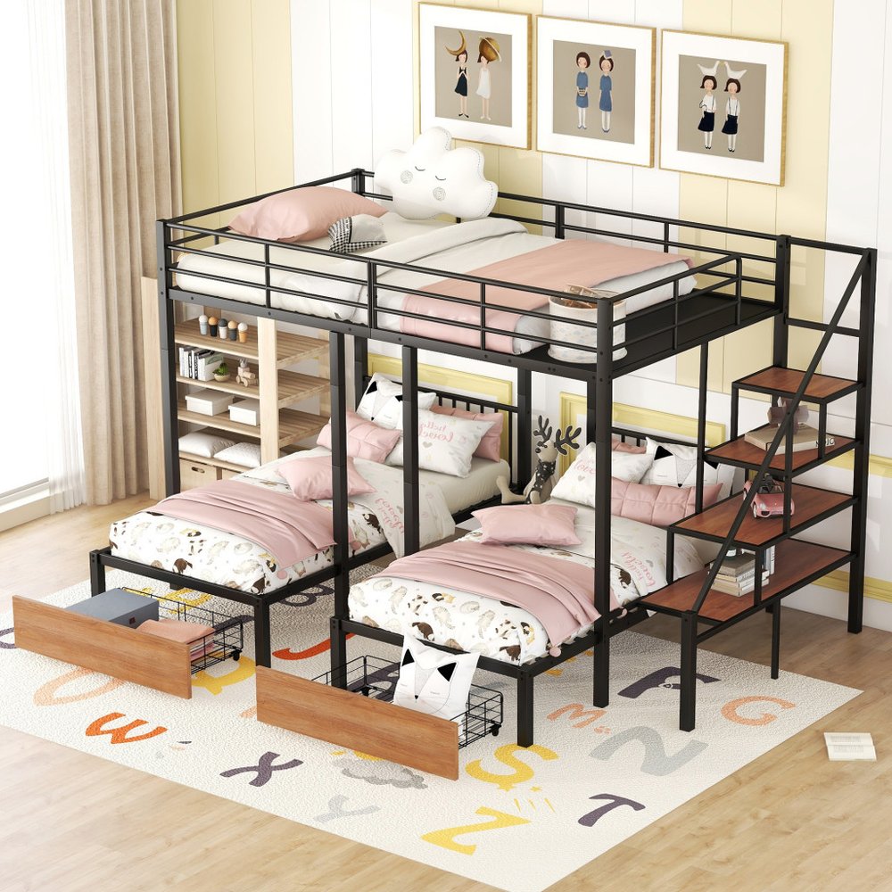 Black Full Over Two Twins Metal Bunk Bed With Stairs And Storage