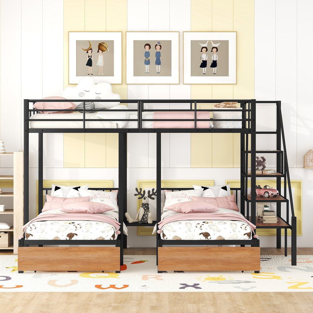 Black Full Over Two Twins Metal Bunk Bed With Stairs And Storage