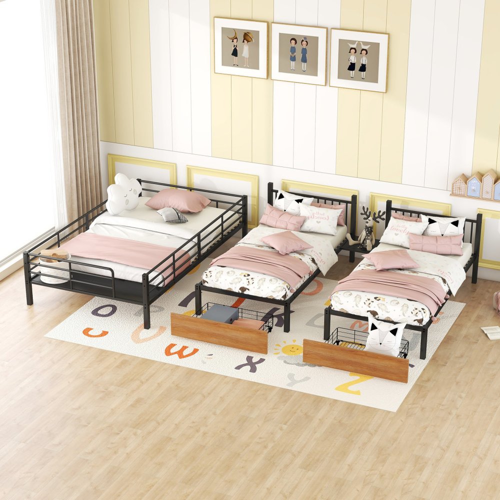 Black Full Over Two Twins Metal Bunk Bed With Stairs And Storage