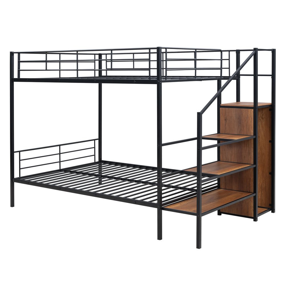 Black Full Over Full Metal Bunk Bed With Stairs And Storage