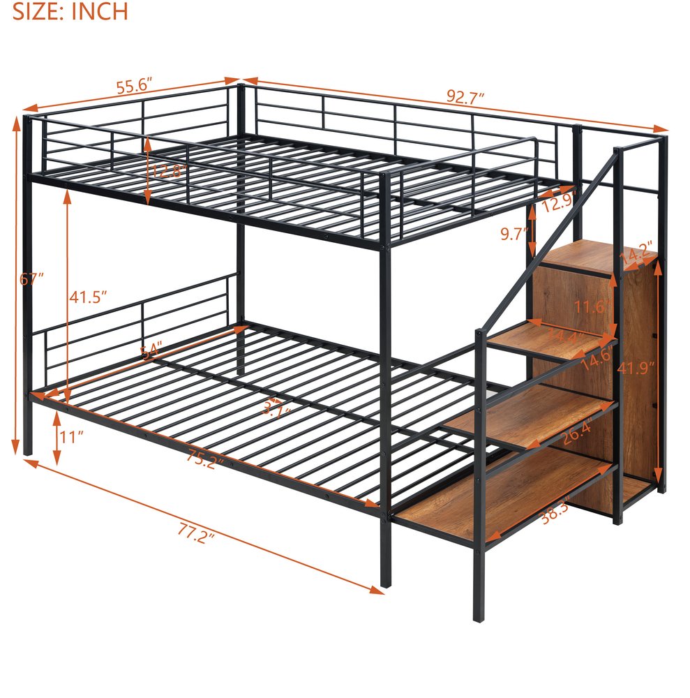 Black Full Over Full Metal Bunk Bed With Stairs And Storage
