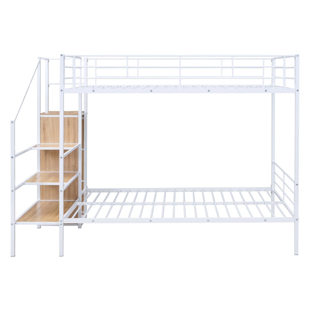 White Full Over Full Metal Bunk Bed With Stairs And Storage
