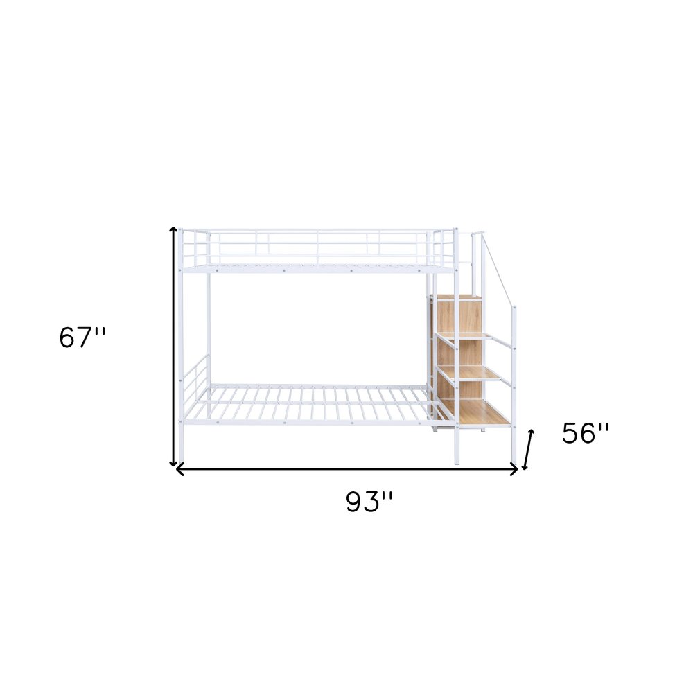 White Full Over Full Metal Bunk Bed With Stairs And Storage