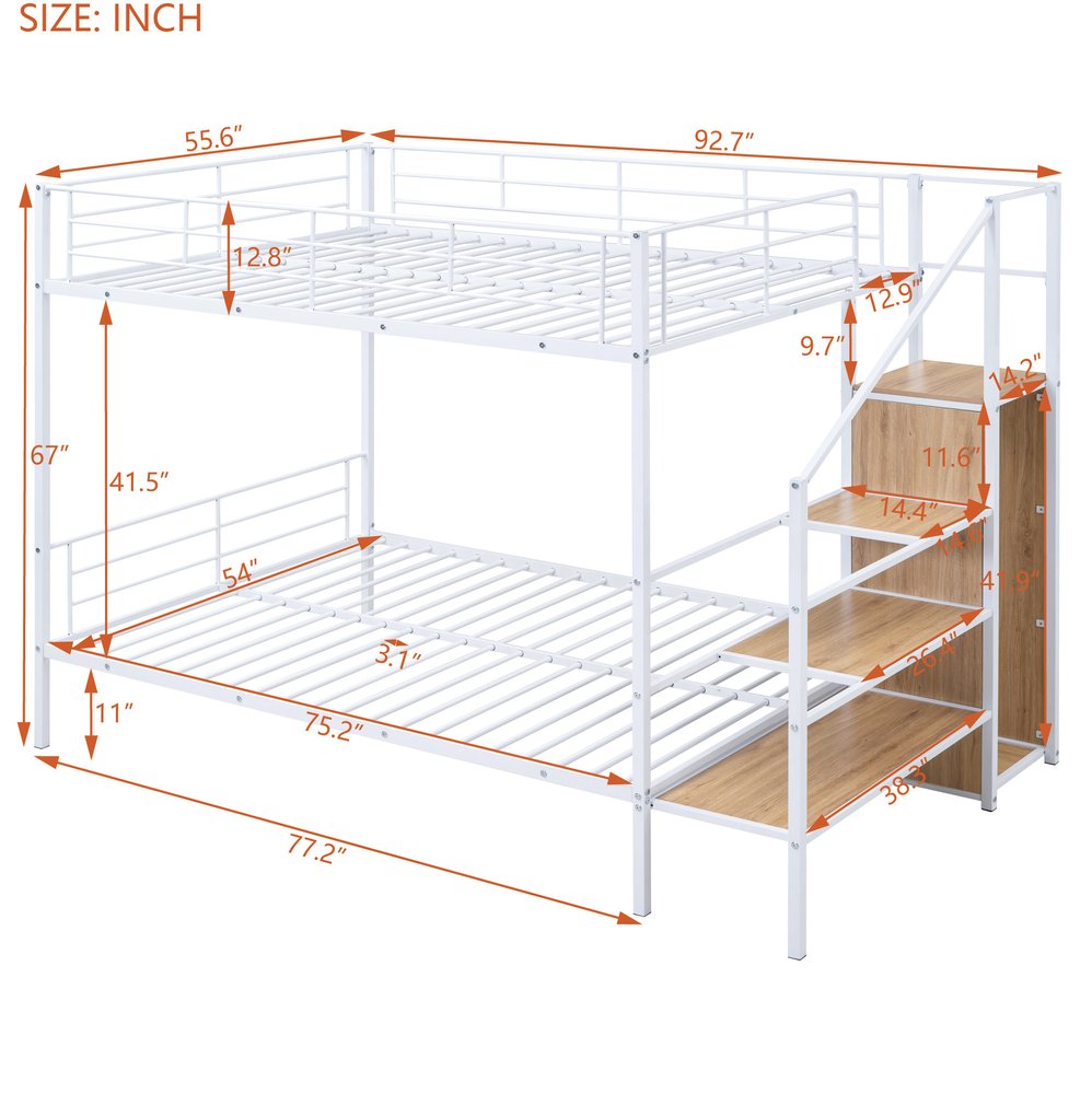 White Full Over Full Metal Bunk Bed With Stairs And Storage