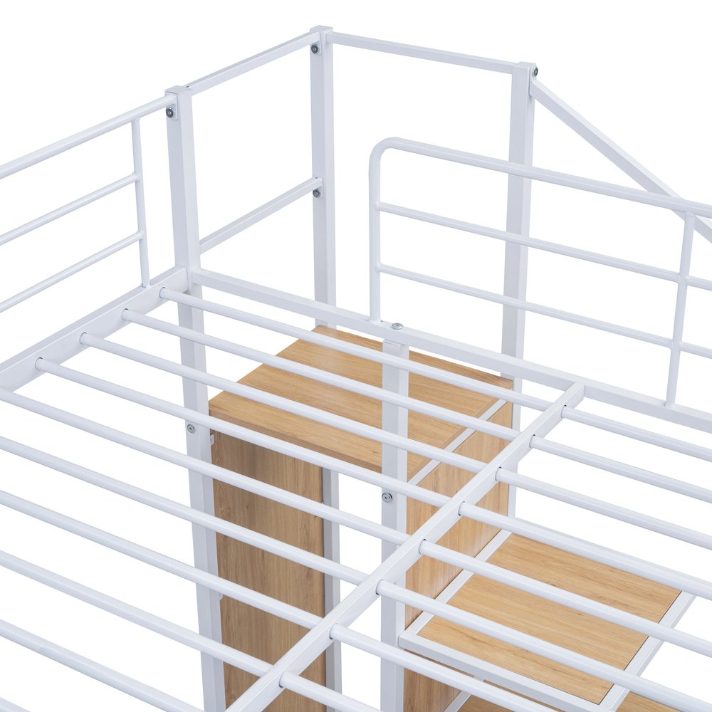White Full Over Full Metal Bunk Bed With Stairs And Storage