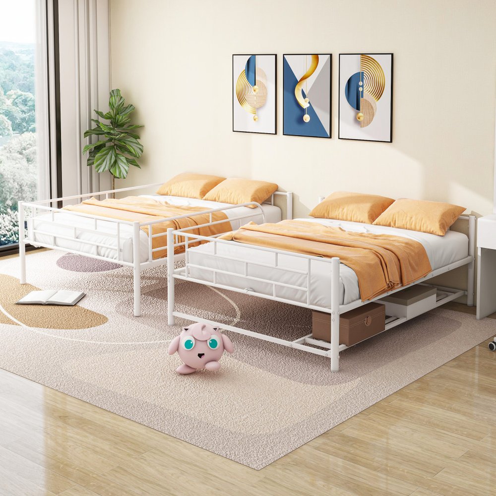 White Full Over Full Metal Bunk Bed With Storage