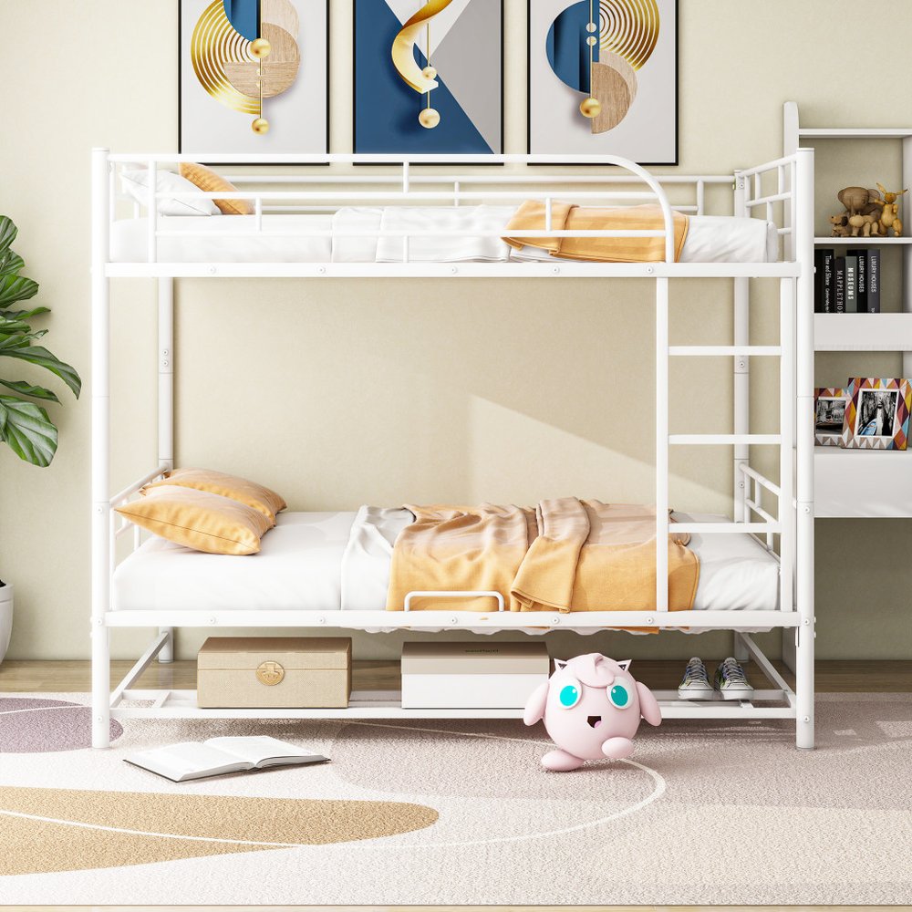 White Full Over Full Metal Bunk Bed With Storage