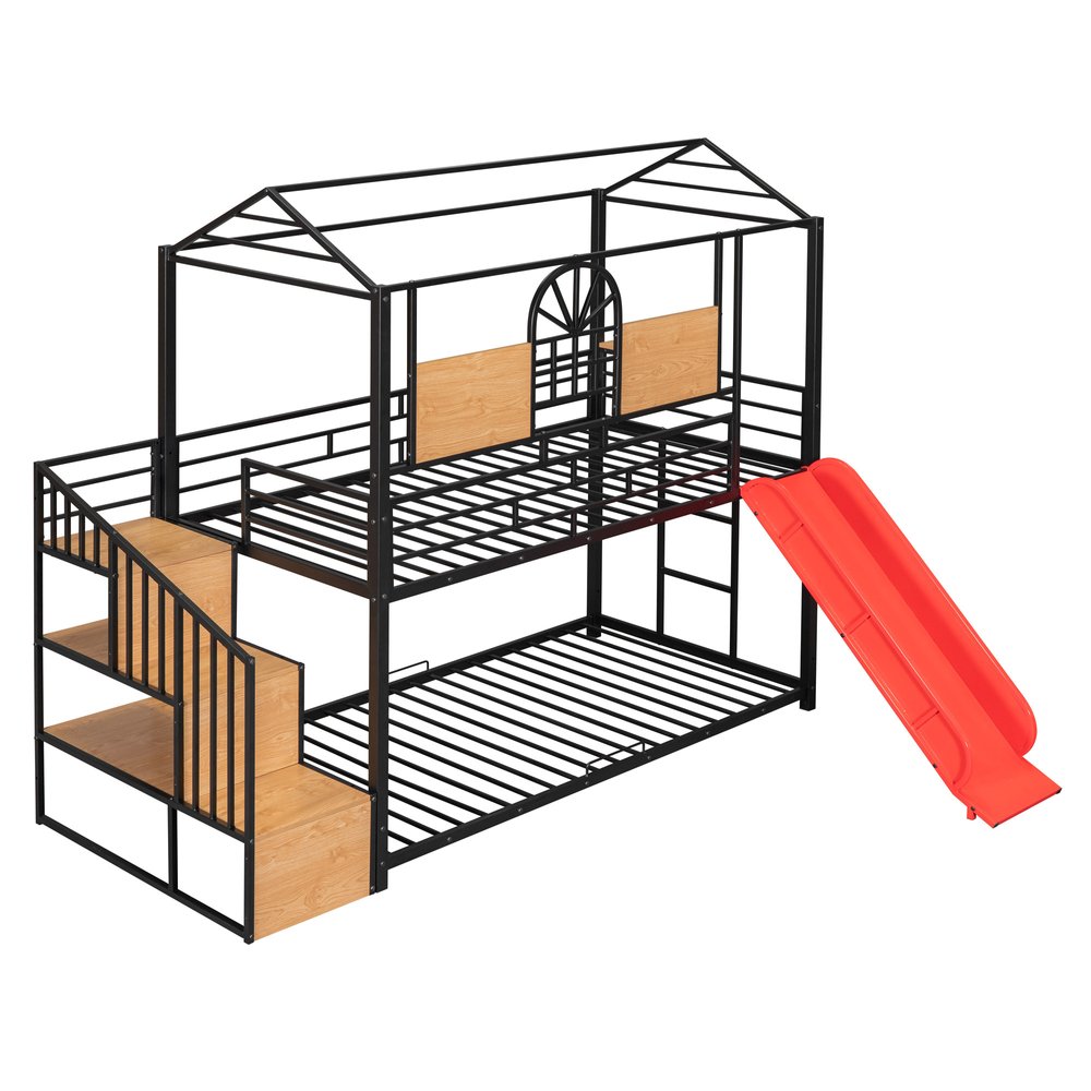Black Twin Over Twin Dollhouse Metal Bunk Bed With Stairs And Slide And Storage