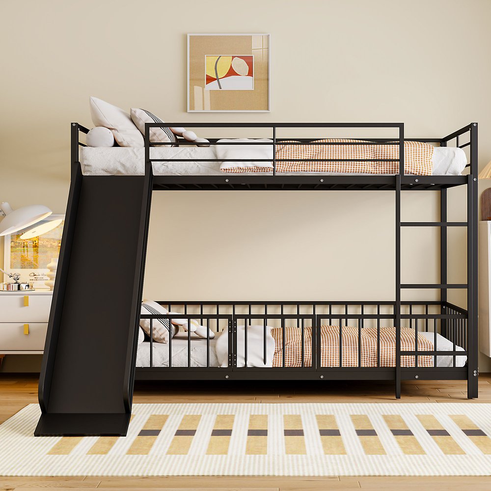 Black Twin Over Twin Metal Bunk Bed With Slide