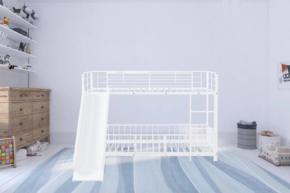 White Twin Over Twin Metal Bunk Bed With Slide