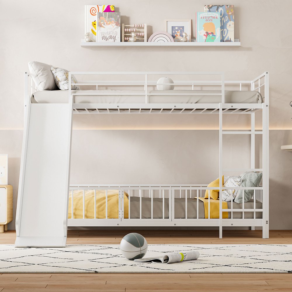 White Twin Over Twin Metal Bunk Bed With Slide