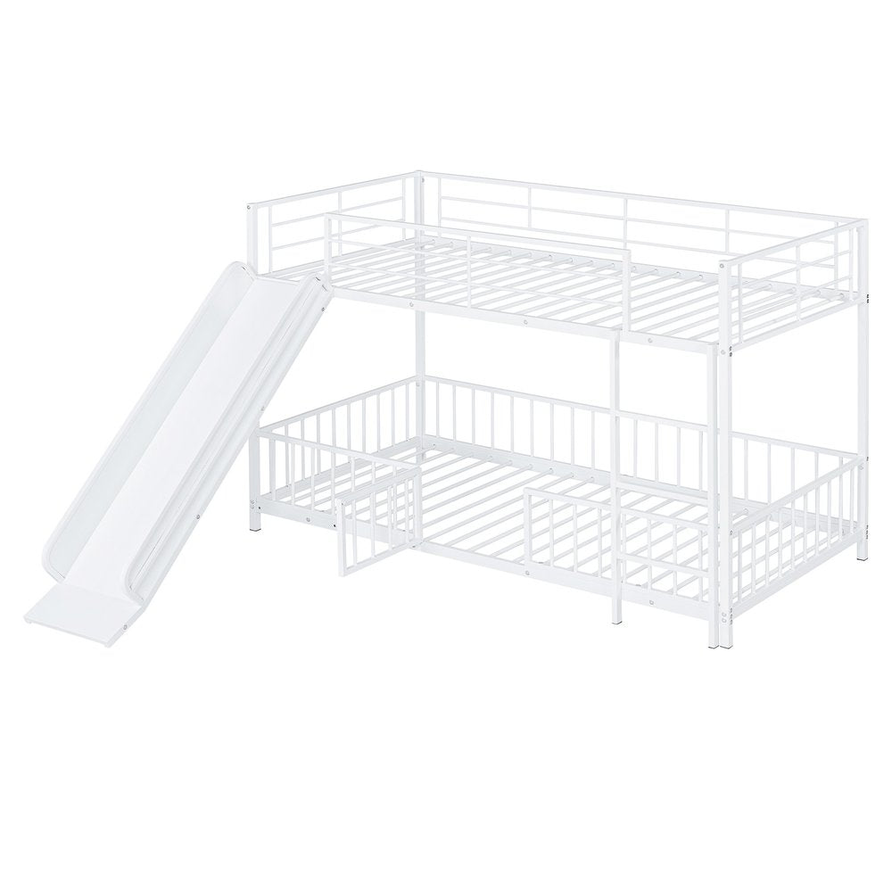 White Twin Over Twin Metal Bunk Bed With Slide