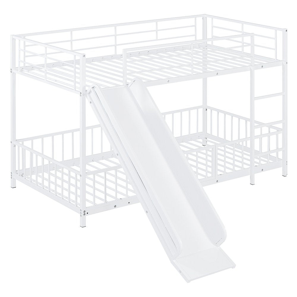 White Twin Over Twin Metal Bunk Bed With Slide