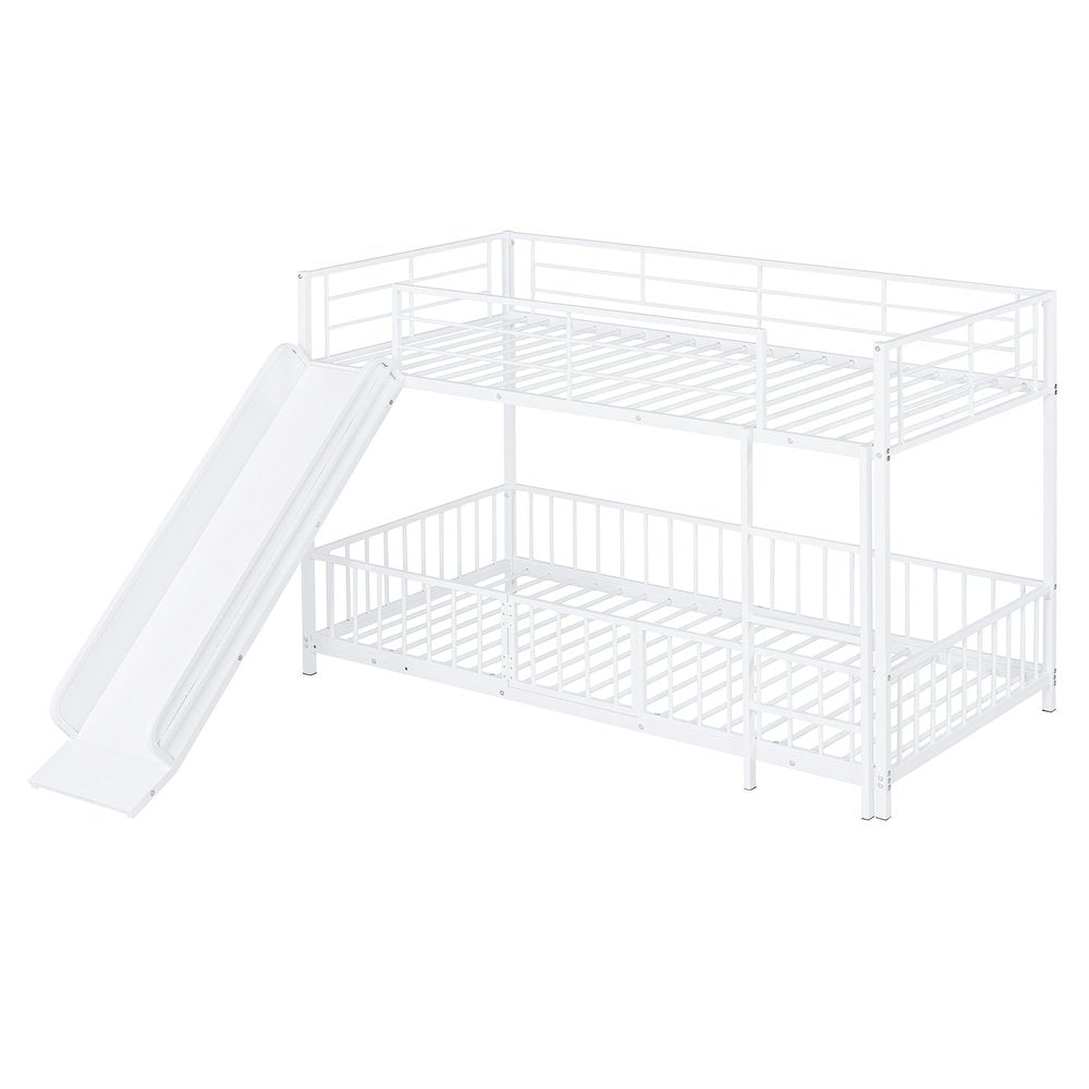 White Twin Over Twin Metal Bunk Bed With Slide