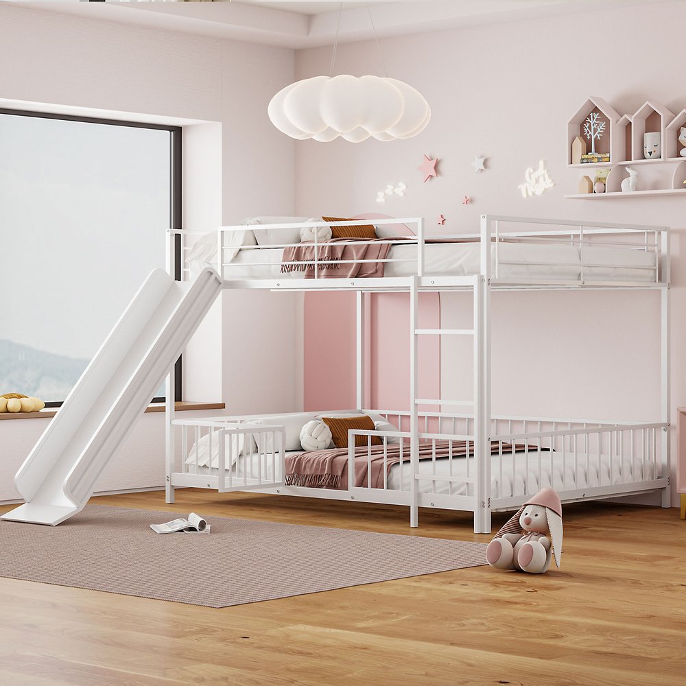 White Full Over Full Metal Bunk Bed With Slide