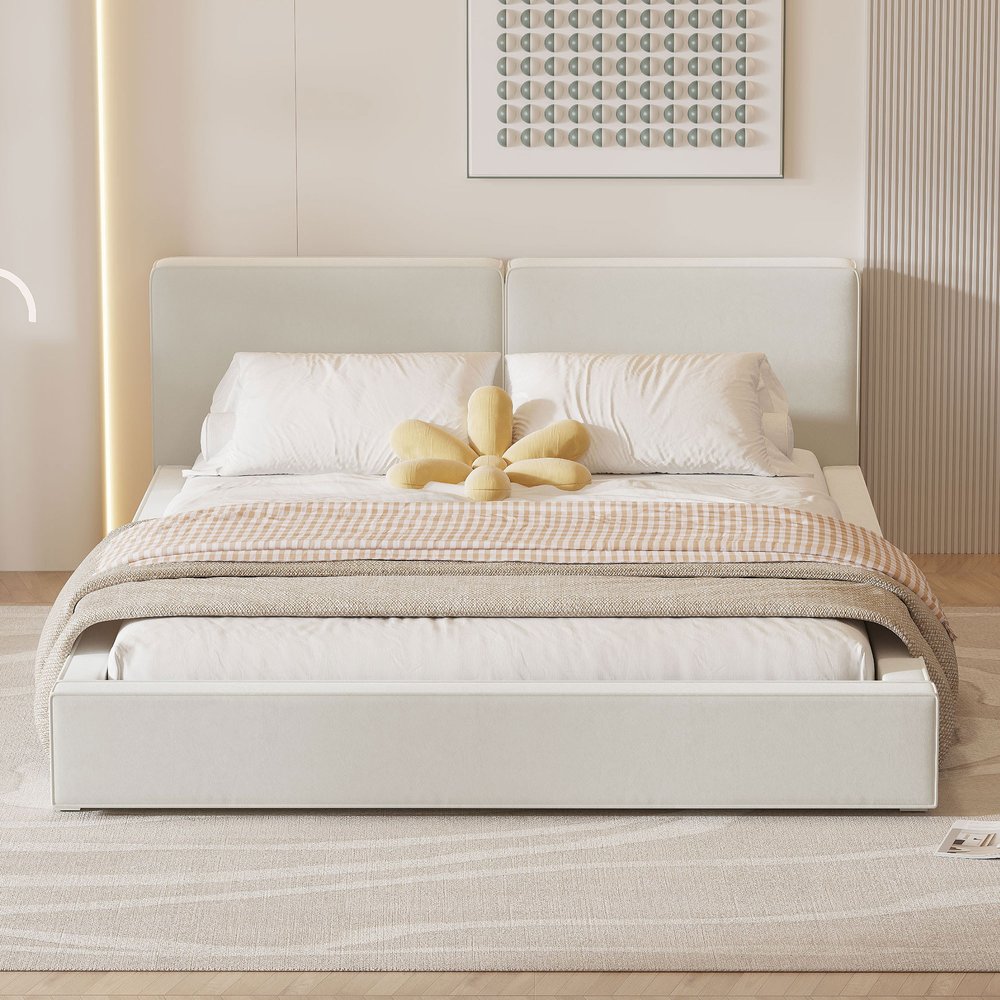 Beige Tufted Velvet Upholstered Queen Bed Frame