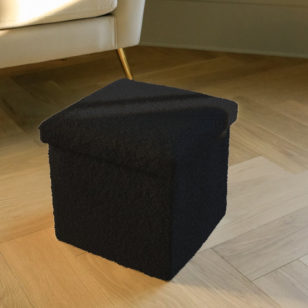 15" Black Boucle Cube Storage Ottoman