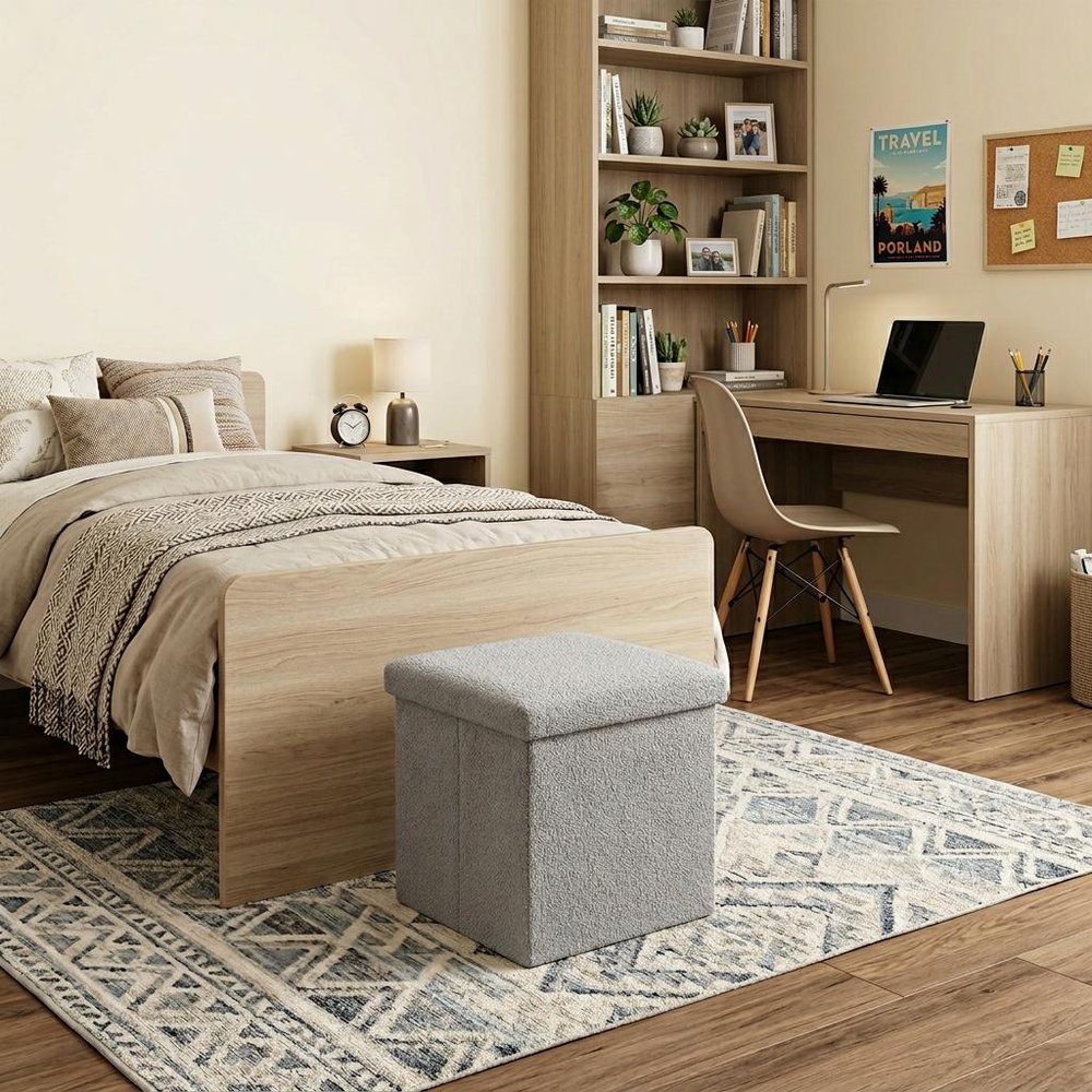 15" Taupe Boucle Cube Storage Ottoman