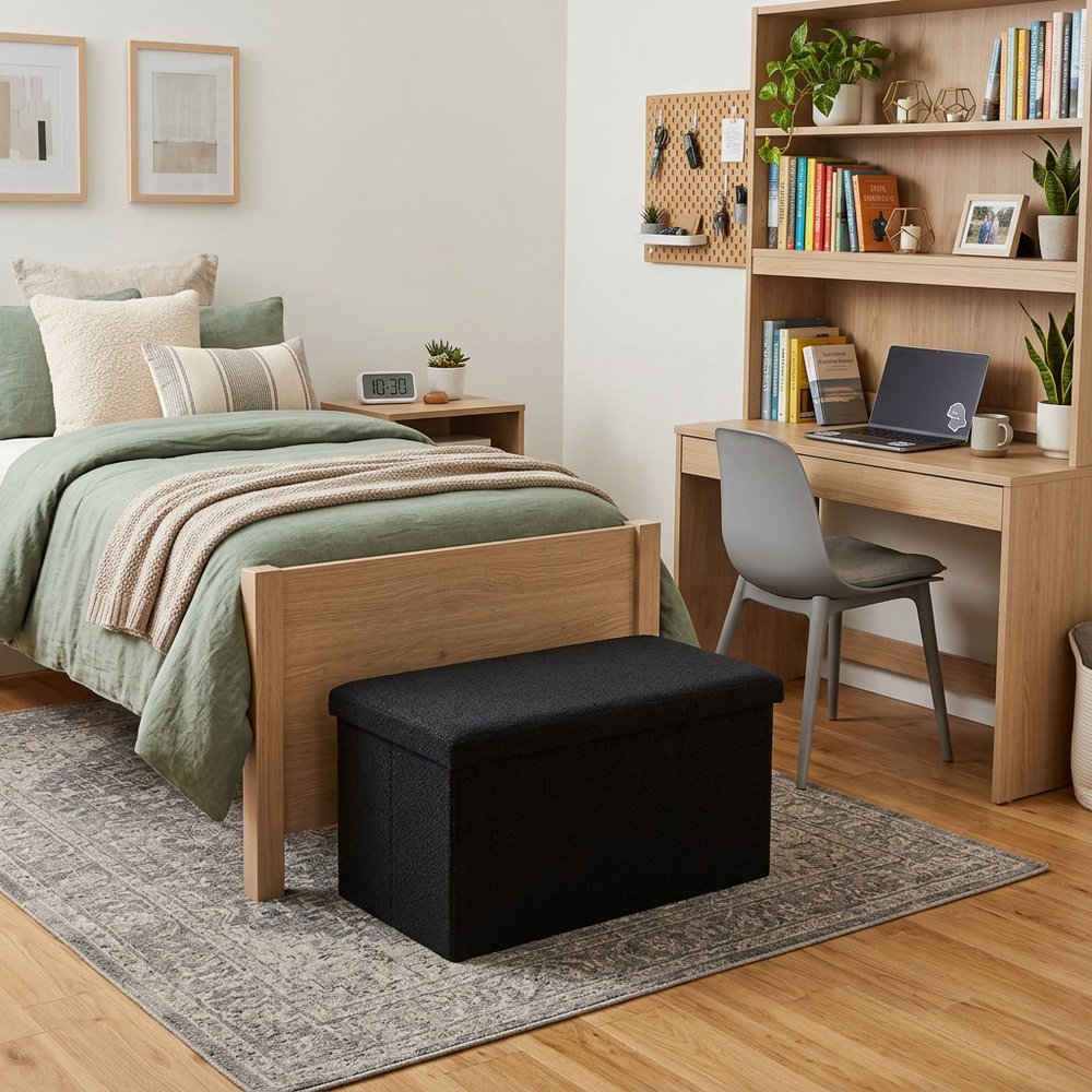 30" Black Boucle Storage Ottoman