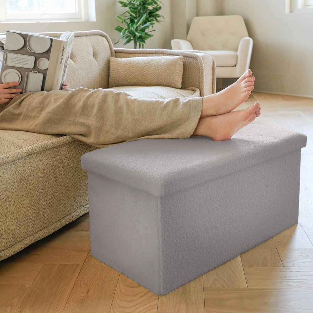 30" White Boucle Storage Ottoman