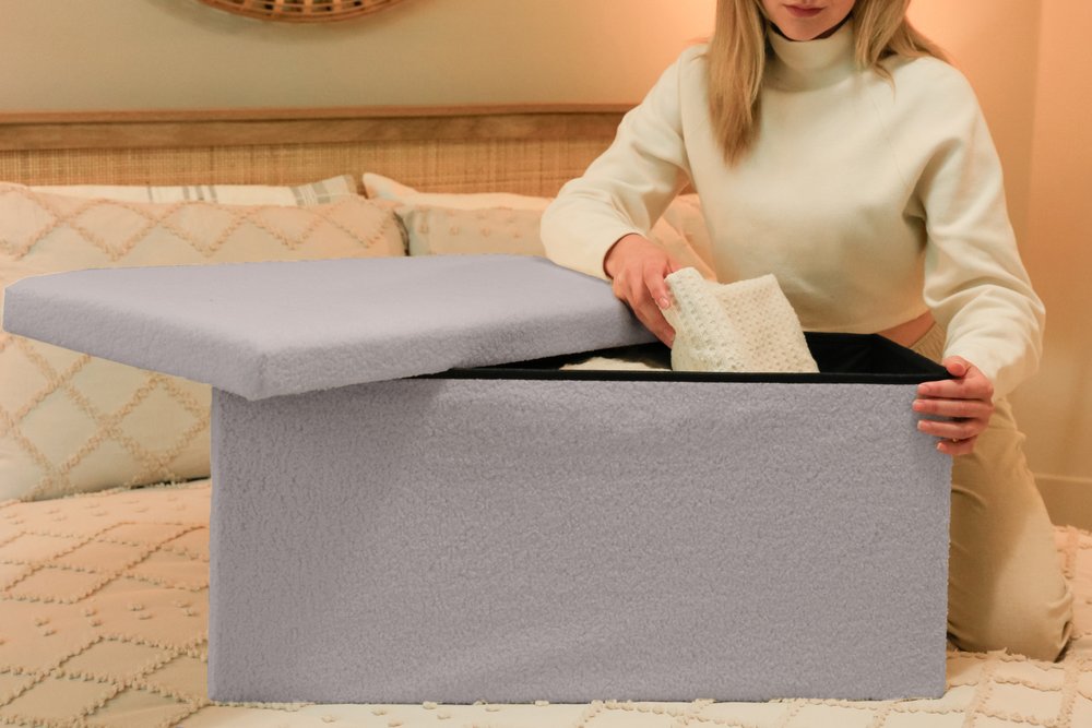 30" White Boucle Storage Ottoman
