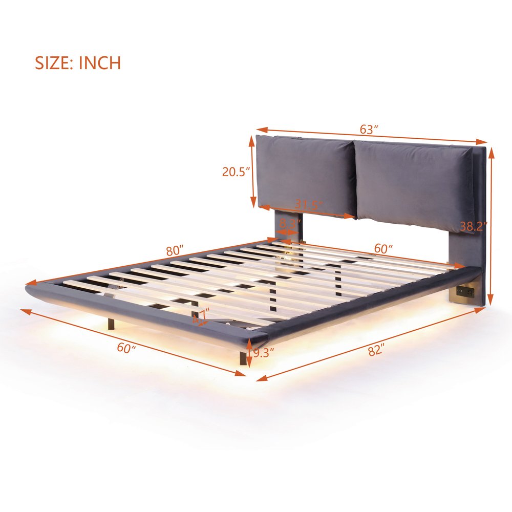 Gray Tufted Upholstered Queen Bed Frame With LED Lighting And USB