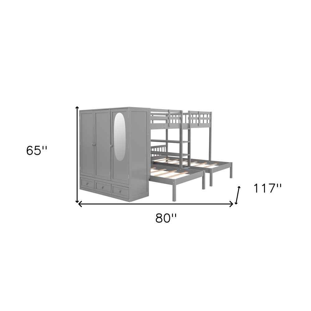 Gray Full Over Two Twins Wood Bunk Bed With Storage