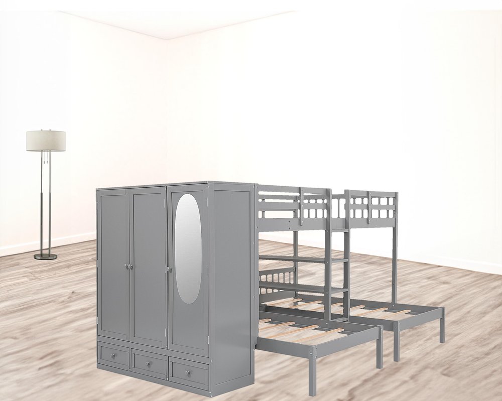 Gray Full Over Two Twins Wood Bunk Bed With Storage
