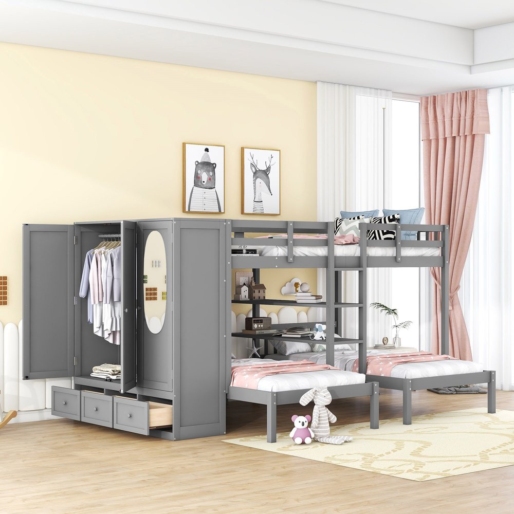 Gray Full Over Two Twins Wood Bunk Bed With Storage
