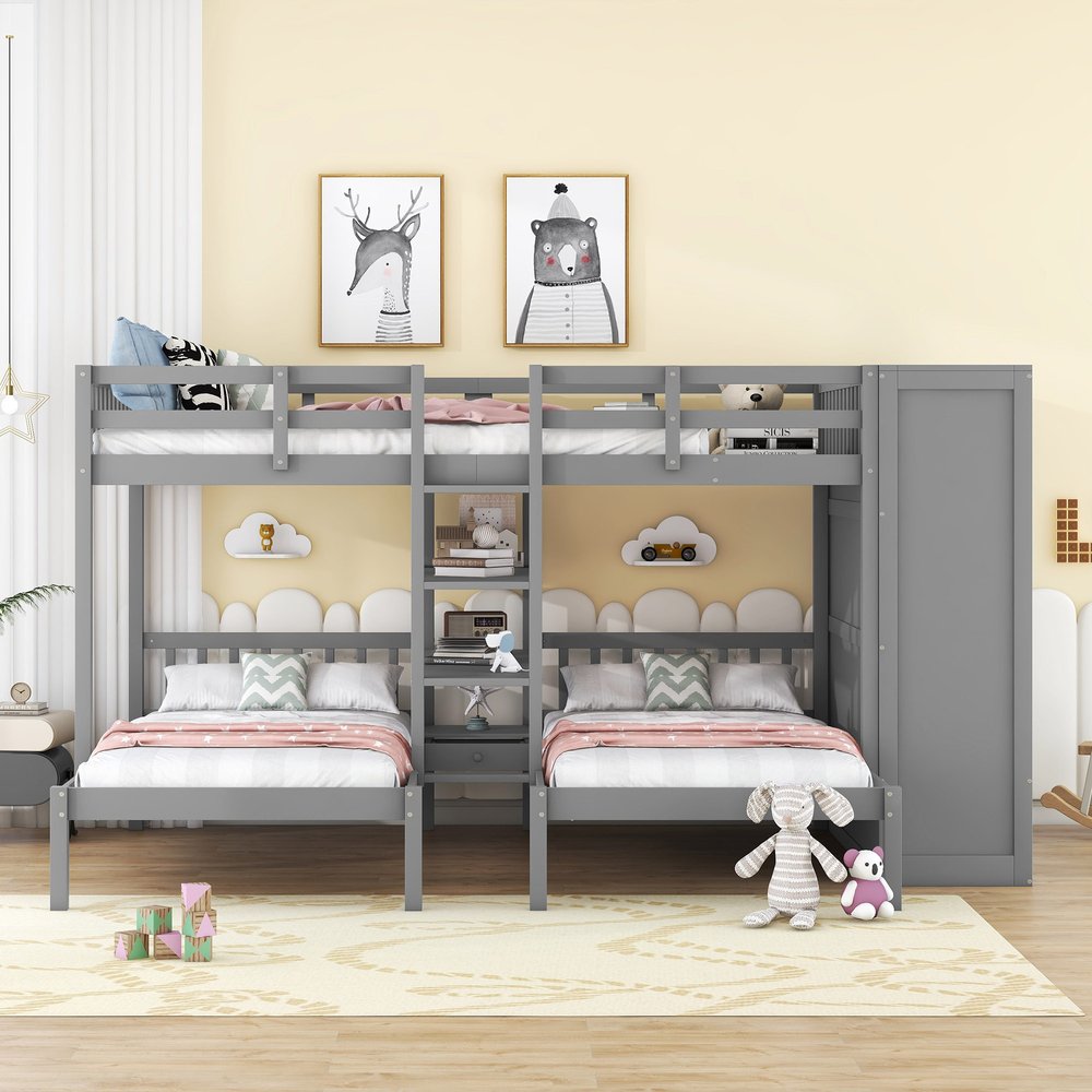 Gray Full Over Two Twins Wood Bunk Bed With Storage